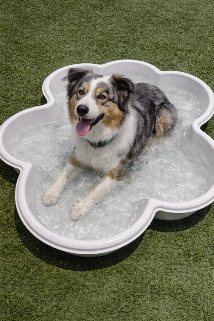 A dog cooling off in a supervised pool at Every Doggie